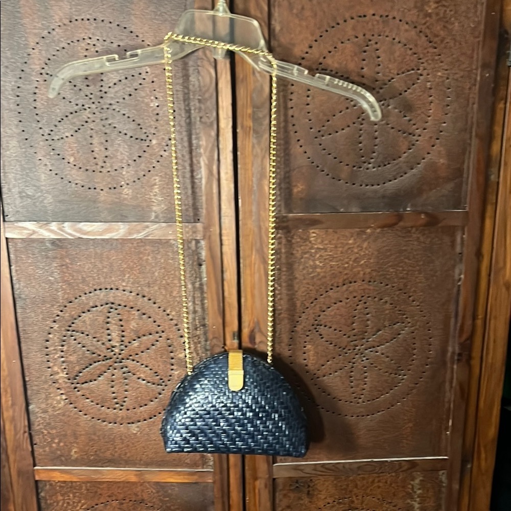 Vintage Navy Woven Wicker Bag with Gold Clasp and Chain